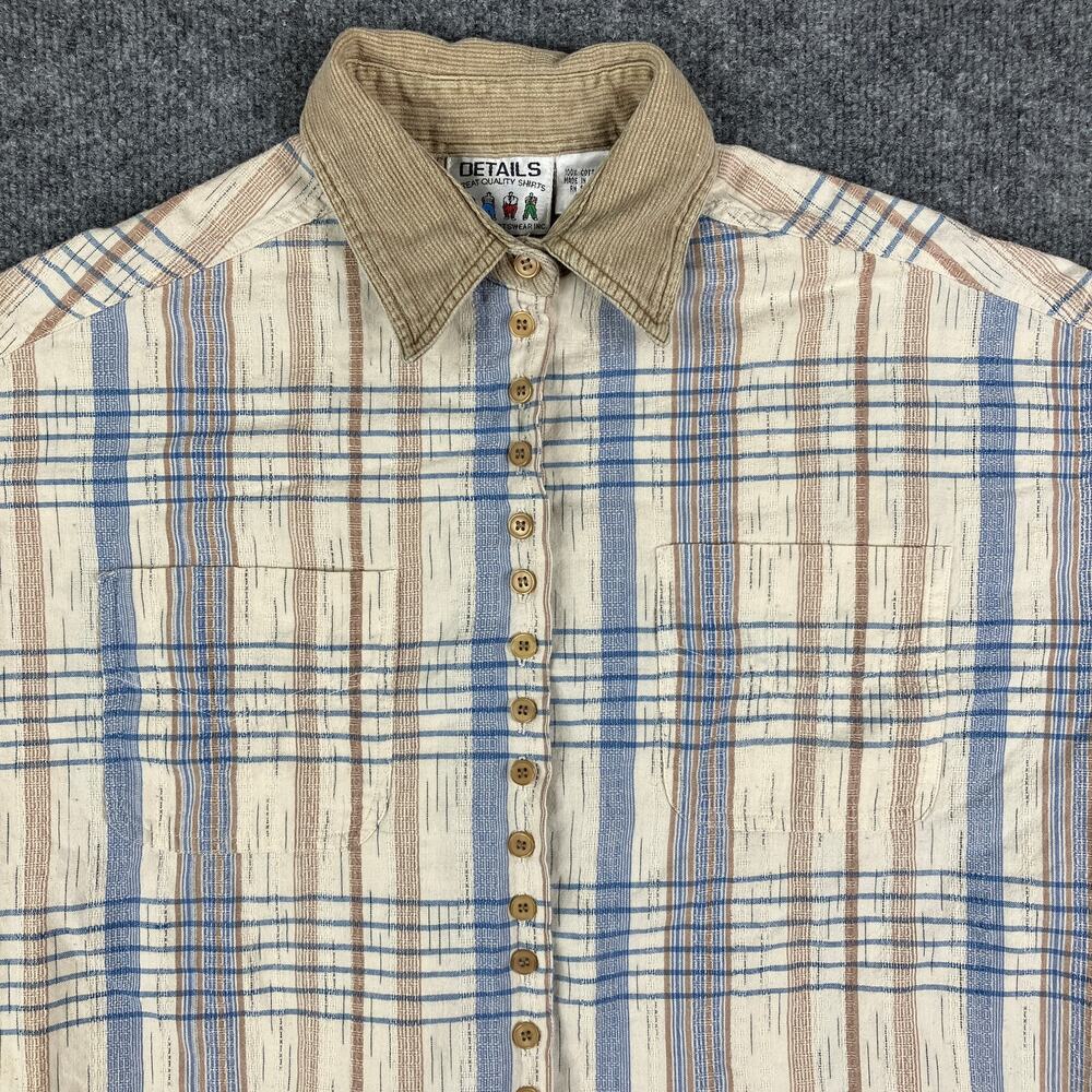 Details Button-Up Shirt 22 Mens Beige Blue Plaid Short Sleeve Casual Summer